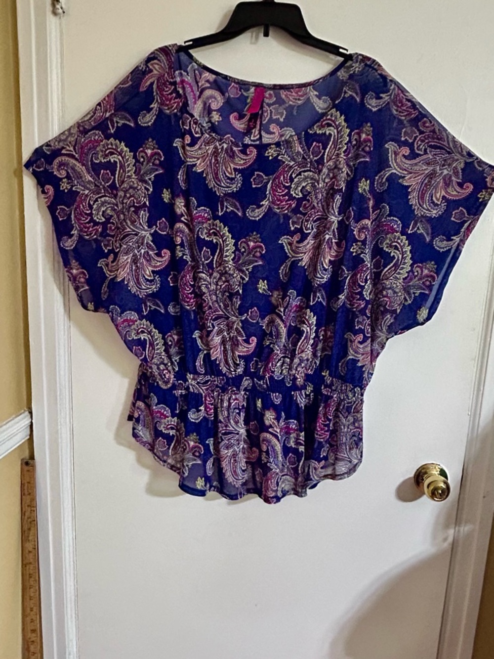 Pure Energy Size 3 Plus Navy Pink Paisley Peplum Tunic Blouse Top Elastic Sheer